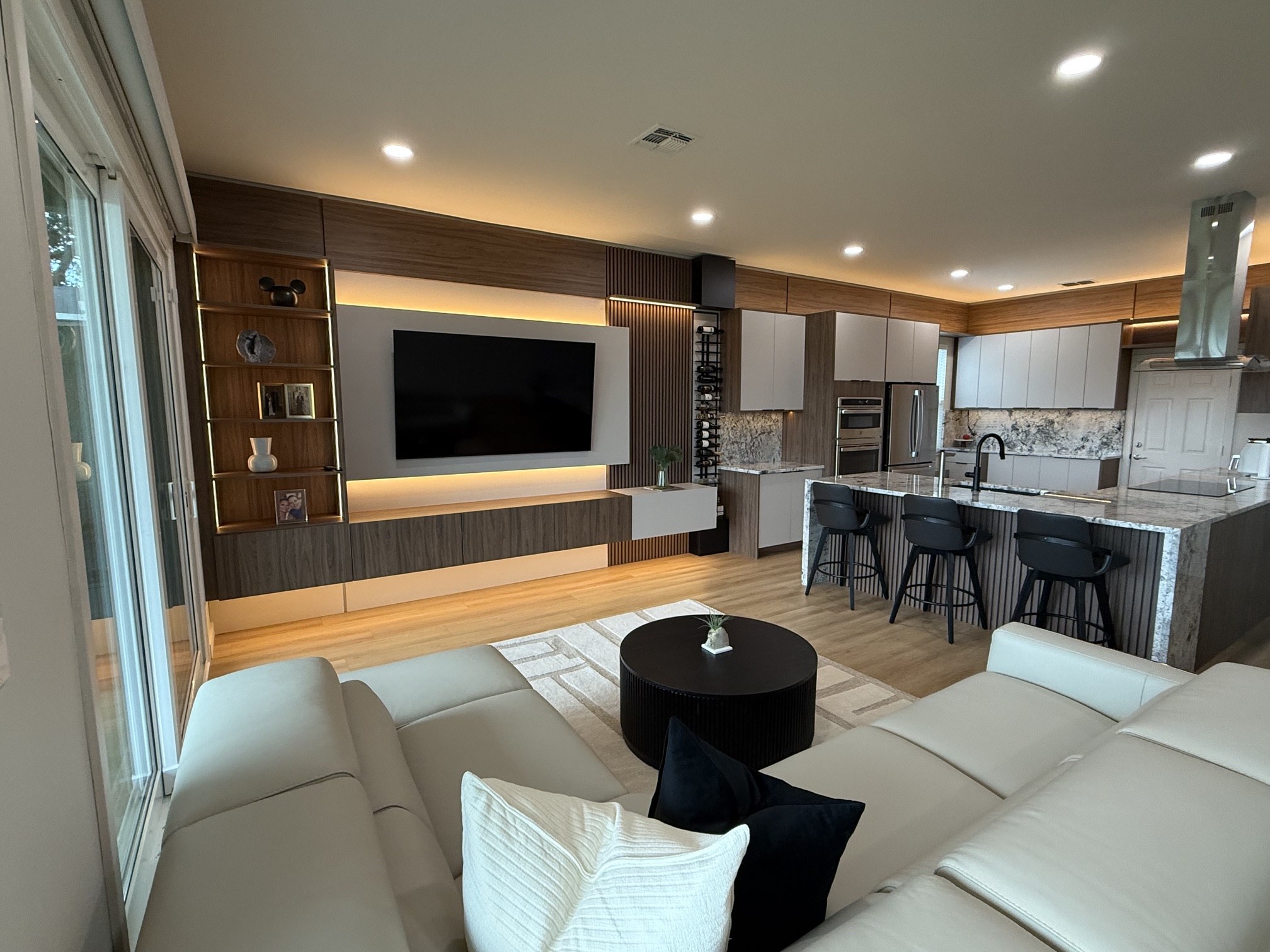 Living area and renovated kitchen